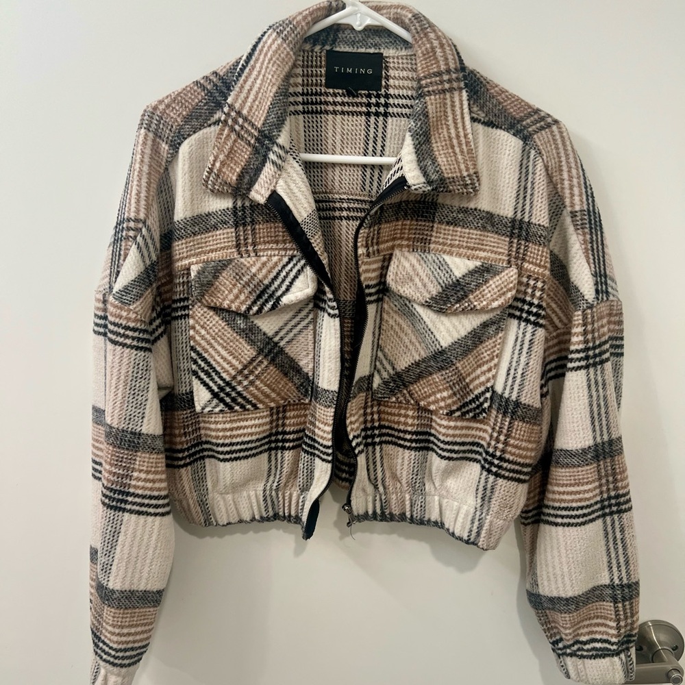 Ing Women's Plaid Bomber Jacket - Cream and Brown
